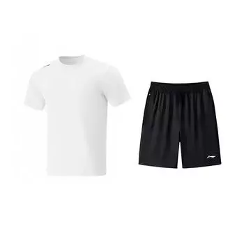 Li-Ning Solid Color Logo Round Neck Pullover Short Sleeve Fitness Breathable Versatile Shorts Casual Sports Suit ATSV597-1+AKSV843-1 L