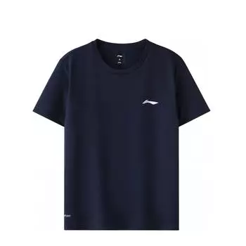 Li-Ning Solid Color Logo Round Neck Short Sleeve T-Shirt Men Tops Ink-Blue ATST641-3 S