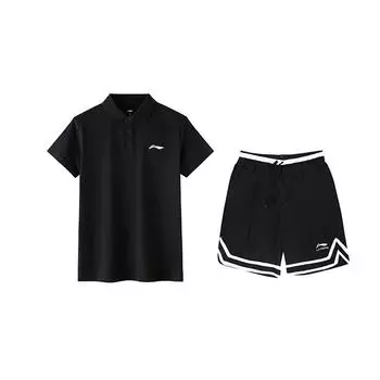Li-Ning Solid Color Logo Versatile Comfortable Fashion Short Sleeve Polo Shirt Casual Sports Suit Unisex Polo Shirt Black APLV723-1+YAPV001-1 M