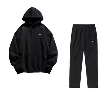Li-Ning Solid Color Loose Fit Hooded Sweatshirt And Elastic Waist Straight Leg Warm Jogger Set Unisex Activewear Black YWDT409-1+AYKT413-1 L
