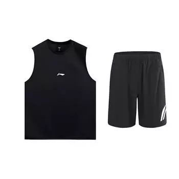 Li-Ning Solid Color Quick-Dry Comfortable Breathable Vest Casual Sports Set Unisex sports set Black YVSV027-2+YKSV197-2 L