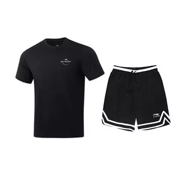 Li-Ning Solid Color Quick-Dry Round Neck Short Sleeve Fashion Comfortable Shorts Casual Sports Suit Unisex suit Black ATSU817-1+YAPV001-1 M