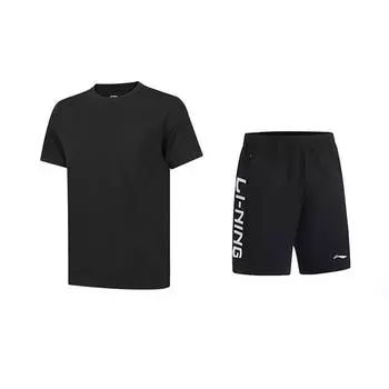 Li-Ning Solid Color Round Neck Pullover Short Sleeve Quick Dry Comfortable Versatile Shorts Casual Sports Suit Unisex suit AHSUA49-2+YKSV115-1 L
