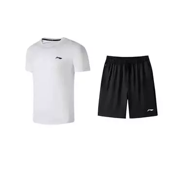 Li-Ning Solid Color Round Neck Pullover Short Sleeve T-Shirt Breathable Quick Dry Versatile Comfortable Shorts Casual Sports Suit ATSU819-2+AKSV843-1 L