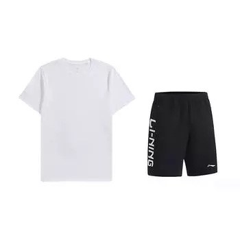 Li-Ning Solid Color Round Neck Short Sleeve T-Shirt Casual Comfortable Letter Shorts Sports Suit Unisex Sportswear AHSUA49-1+YKSV115-1 L
