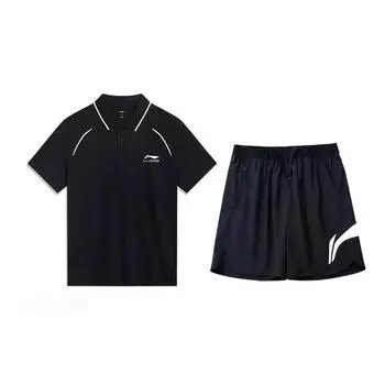 Li-Ning Solid Color Simple Quick-Dry Breathable Comfortable Short Sleeve Polo Shirt Casual Sports Suit Unisex Sports Suit YPLU043-2+YKSV197-2 L