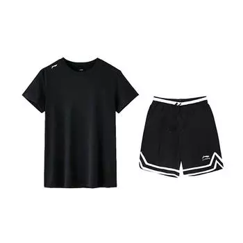 Li-Ning Solid Color Simple Short Sleeve T-Shirt And Comfortable Striped Shorts Casual Sports Suit Unisex Sets ATSV597-2+YAPV001-1 M
