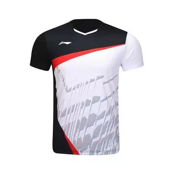 Li Ning сплошной принт с V-образным вырезом свитер с коротким рукавом бадминтон рубашка унисекс топы черный AAYU147-1 L