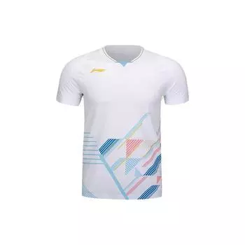 Li-Ning Спортивная футболка с цветными блоками в полоску, быстросохнущая, дышащая, с коротким рукавом, мужская, белая AAYT581-3 M