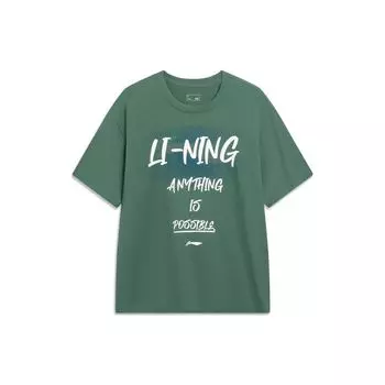 Li-Ning Спортивная модная серия с логотипом и буквенным принтом, футболка с круглым вырезом и короткими рукавами, топы унисекс, туманно-сосново-зеленый AHST547-3 L