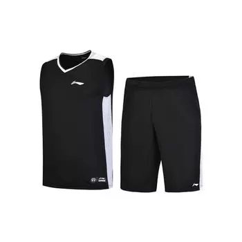 Li Ning Sports Basketball Series Logo Color Block Knitted Jersey Casual Sports Suit Men suit Black AATP001-2 L