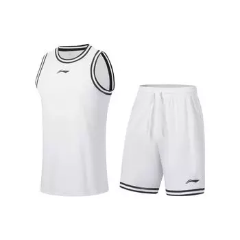 Li Ning Sports Basketball Series Logo Print Sweat-Absorbing Comfortable Split Set Men Activewear Standard-White AATT001-4 M