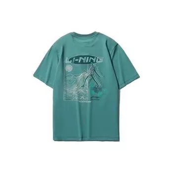 Li Ning Sports Баскетбольная серия Тема саморазвития Принтованная спортивная футболка с коротким рукавом Мужские топы Серый Озерно-голубой AHSR367-5 S
