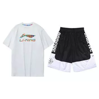 Li Ning Sports Fashion Series Breathable Logo Short Sleeve Shorts Set Men Set White Black AHSS843-1+AAPQ253-1 L
