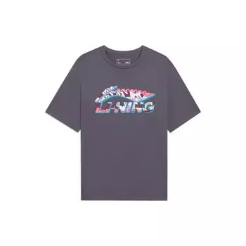 Li Ning Sports Fashion Series Cartoon Logo Print Round Neck Casual Short Sleeve T Shirt Unisex Tops Earth-Gray AHSSC65-1 S