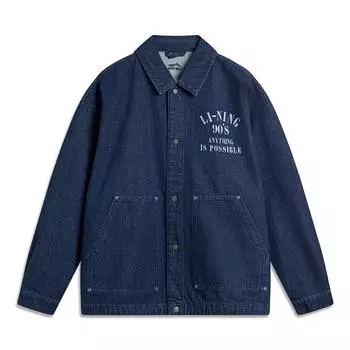 Li Ning Sports Fashion Series Casual Trend Loose Letter Print Jacket Long Sleeve Denim Coat Unisex Jackets Blue-Denim AJDU235-1 XL