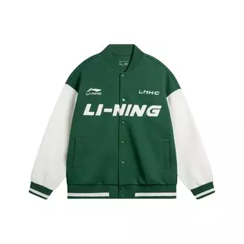 Li Ning Sports Fashion Series Color Block Logo Print Baseball Collar Casual Cardigan Sweatshirt Unisex Sweatshirt Spruce-Green AWDU779-4 L