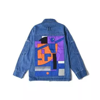 Li Ning Sports Fashion Series Color Block Patch Washed Denim Jacket Men Jacket Denim-Blue AJDR207-1 S