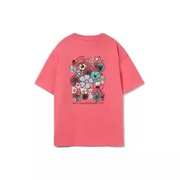 Li Ning Sports Fashion Series Цветочный мультяшный принт Круглый вырез Свободная футболка с коротким рукавом Женские топы Чайно-розово-красный AHSR460-5 XL