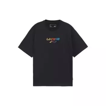 Li Ning Sports Fashion Series Letter Logo Вышитая свободная футболка с коротким рукавом унисекс топы черного цвета AHSS559-1 M