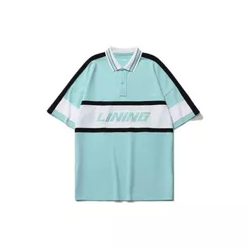 Li Ning Sports Fashion Series Letter Print Color Block Loose Short Sleeve Polo Shirt Men Polo Shirts Clear-Water-Blue APLR113-4 XXL