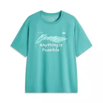 Li Ning Sports Fashion Series Logo Letter Round Neck Удобная дышащая универсальная свободная футболка с коротким рукавом для мужчин Топы голубо-зеленого цвета AHSU669-5 S