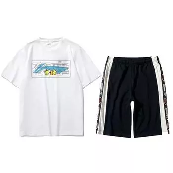 Li Ning Sports Fashion Series Logo Print Свободная футболка с круглым вырезом и коротким рукавом и шорты Повседневный спортивный комплект Унисекс AKSS983-1+AHSR340-11 L