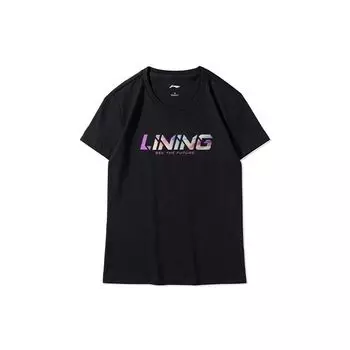 Li Ning Sports Fashion Series Logo Print Светоотражающая спортивная футболка с коротким рукавом для женщин, топы черного цвета AHSR964-2 S