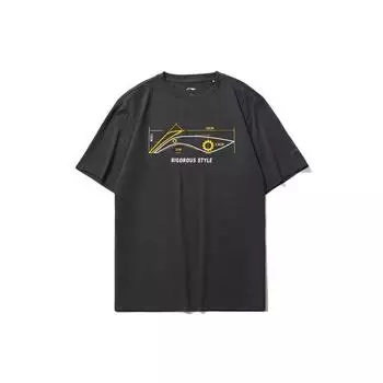 Li Ning Sports Fashion Series Логотип с принтом, круглый вырез, повседневная спортивная футболка с коротким рукавом и заниженной линией плеч, мужские топы, черный-сосновый-серый AHSR543-8 M