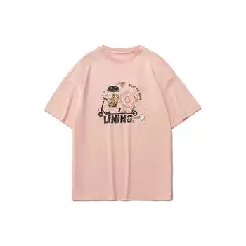 Li Ning Sports Fashion Series Повседневная футболка с принтом в виде граффити с круглым вырезом Свободные спортивные футболки с коротким рукавом для женщин, топы розового цвета AHSR782-4 XL