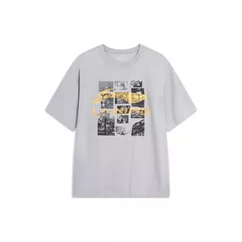 Li Ning Sports Fashion Series Vintage Logo Print Футболка с круглым вырезом и коротким рукавом для мужчин, серая AHST725-4 XL