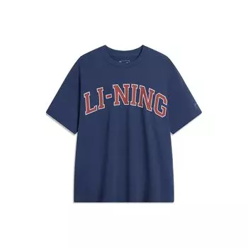 Li Ning Sports Lifestyle Series American Vintage с круглым вырезом, повседневная свободная летняя футболка с коротким рукавом, топы унисекс, темно-синие AHSU653-3 S