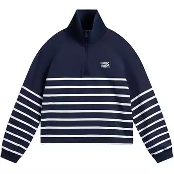 Li Ning Sports Lifestyle Series Casual Minimalist Color Block Striped Pullover Sweatshirt Women sweatshirt Deep-Navy-Blue AWDV372-2 XS