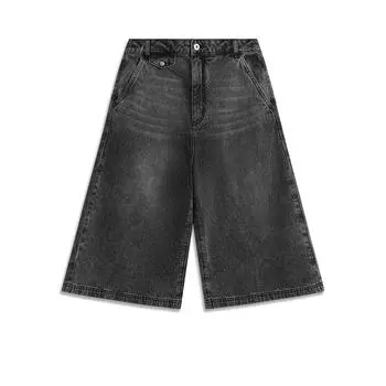 Li Ning Sports Lifestyle Series Casual Simple Straight Leg Seven-Point Denim Shorts Women shorts Black AKQV014-6 XS