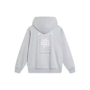 Li Ning Sports Lifestyle Series Chinese Culture Series Pattern Printed Hooded Fleece Loose Pullover Sweatshirt Unisex Sweatshirt Flower-Gray AWDT897-1 3XL