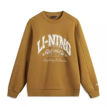 Li Ning Sports Lifestyle Series Флисовый свитер с круглым вырезом и надписью Универсальный повседневный свитшот с длинным рукавом Унисекс-свитшот Золотисто-коричневый AWDU979-6 XS