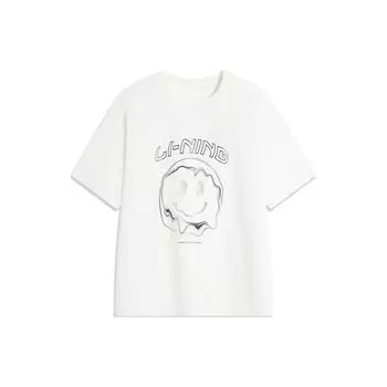 Li Ning Sports Lifestyle Series Футболка женская с принтом букв, круглым вырезом, свободного кроя, с коротким рукавом, со спущенным плечом, цвет молочный белый AHSU348-1 L