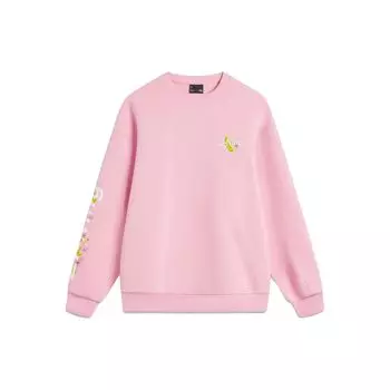 Li Ning Sports Lifestyle Series Letter Floral Round Neck Casual Knit Pullover Long Sleeve Hoody Women sweatshirt Sheer-Pink AWDU884-7 XXL