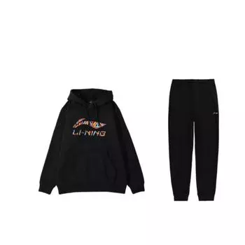 Li Ning Sports Lifestyle Series Letter Logo Print Свободный свитер с капюшоном и длинными рукавами, эластичный пояс, длинные брюки, комплект со свитшотом AKLSC99-1+YWDT337-1 L