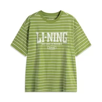 Li Ning Sports Lifestyle Series Полосатая футболка с круглым вырезом и надписью, дышащая, универсальная, с коротким рукавом, мужская, топы, травянисто-зеленый AHSV281-9 S