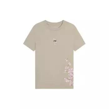Li Ning Sports Lifestyle Series Повседневная дышащая футболка с коротким рукавом и принтом в виде цветущей вишни, женские топы из кашемира и серого цвета AHSS914-3 S
