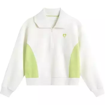 Li Ning Sports Trend Series Casual Color Block Polo Neck Pullover Sweatshirt Women sweatshirt Off-White Acid-Green AWDU604-1 M