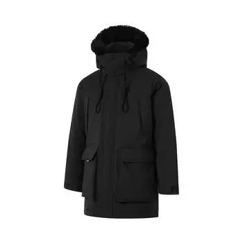 Li Ning Sports Trend Series однотонный капюшон с молнией, устойчивый к холоду, зимняя куртка средней длины для активного отдыха, мужская верхняя одежда, черный цвет AYMU361-1 3XL