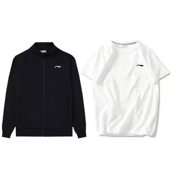 Li-Ning Stand Collar Solid Color Loose Drop Shoulder Zipper Long Sleeve Crew Neck Pullover Short Sleeve Sweatshirt Set AWDTD93-1+AHSU977-2 S