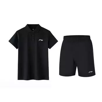 Li Ning Стиль колледжа Удобный Модный Однотонный С коротким рукавом Эластичные Брюки до колена Повседневный Спортивный костюм Костюм унисекс Черный YPLV049-2+YKST119-1 L