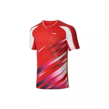 Li-Ning Striped Print Logo Quick-Dry V-Neck Short Sleeve T-Shirt Men Tops Red AAYS237-2 S