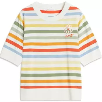 Li-Ning Striped Round Neck Comfortable Breathable Short Sleeve T-Shirt Women Tops Yellow AMBU144-3 S