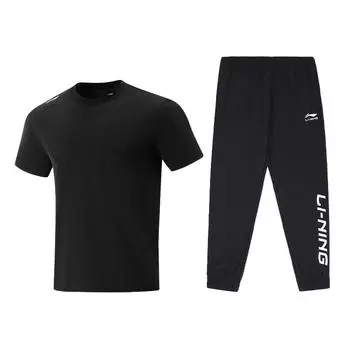 Li-Ning Summer Lightweight Quick-Dry Short Sleeve T-Shirt And Shorts Casual Sports Set Men sportswear Black ATSV597-2+AYKU909-1 L