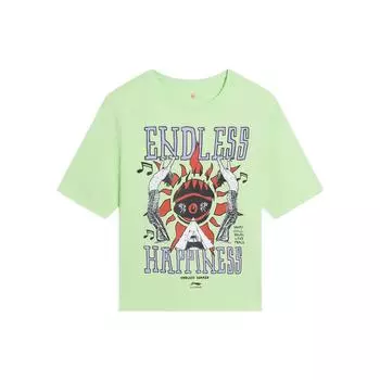 Li Ning Summer Party Fun Pattern Printed Round Neck Pullover Short Sleeve T Shirt Women Tops Butterfly-Pink Green AHSSB62-2 L