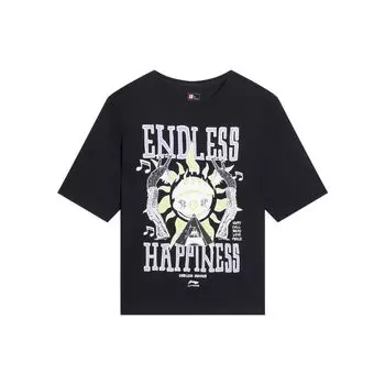 Li Ning Summer Party Fun Pattern Printed Round Neck Pullover Short Sleeve T Shirt Women Tops Black AHSSB62-3 L